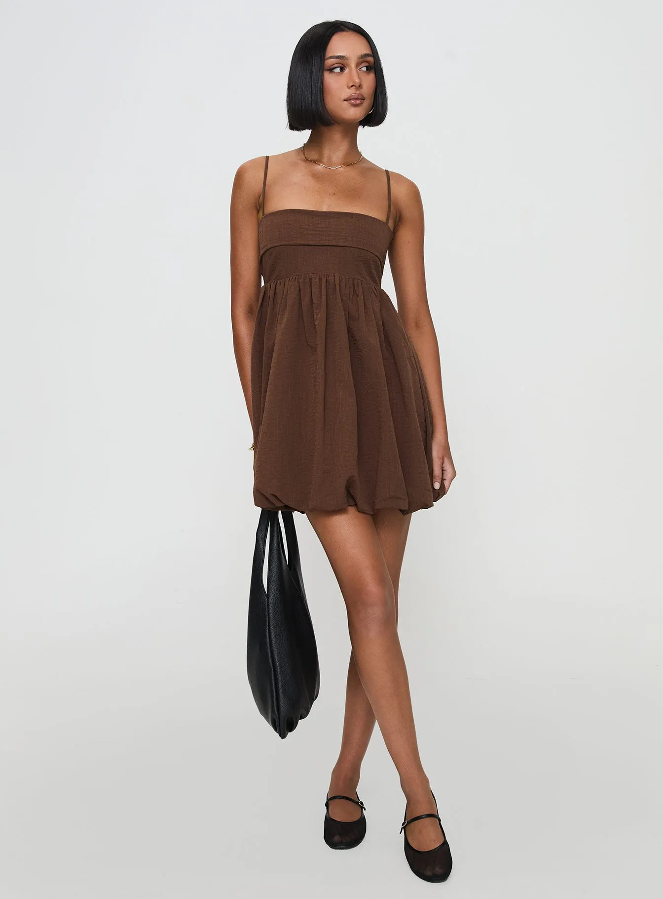 Layken Bubble Hem Mini Dress Chocolate Petite sold by Princess Polly product image thumbnail 3