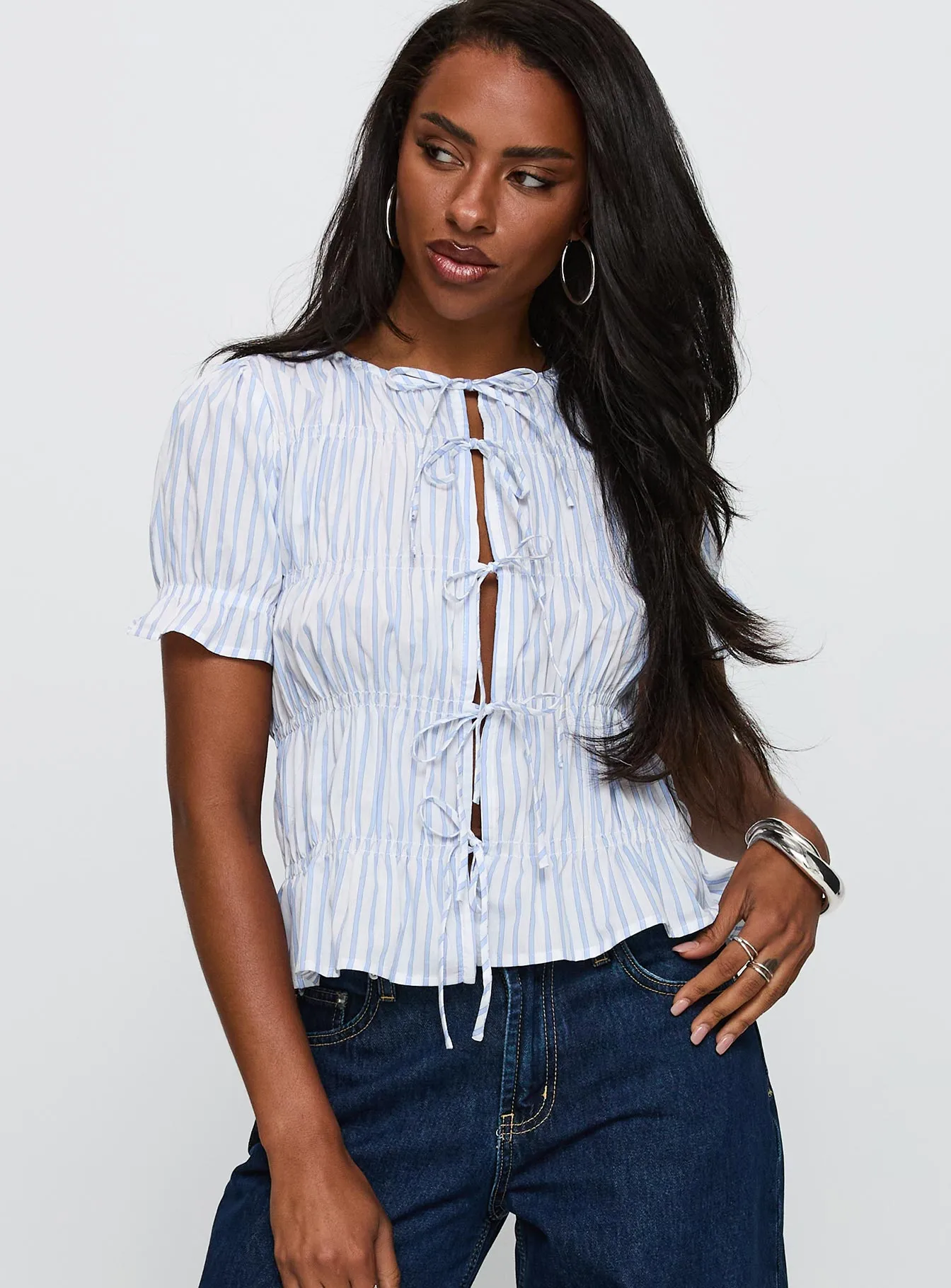 Alistair Bow Tie Top Blue / White Stripe sold by Princess Polly product image thumbnail 2