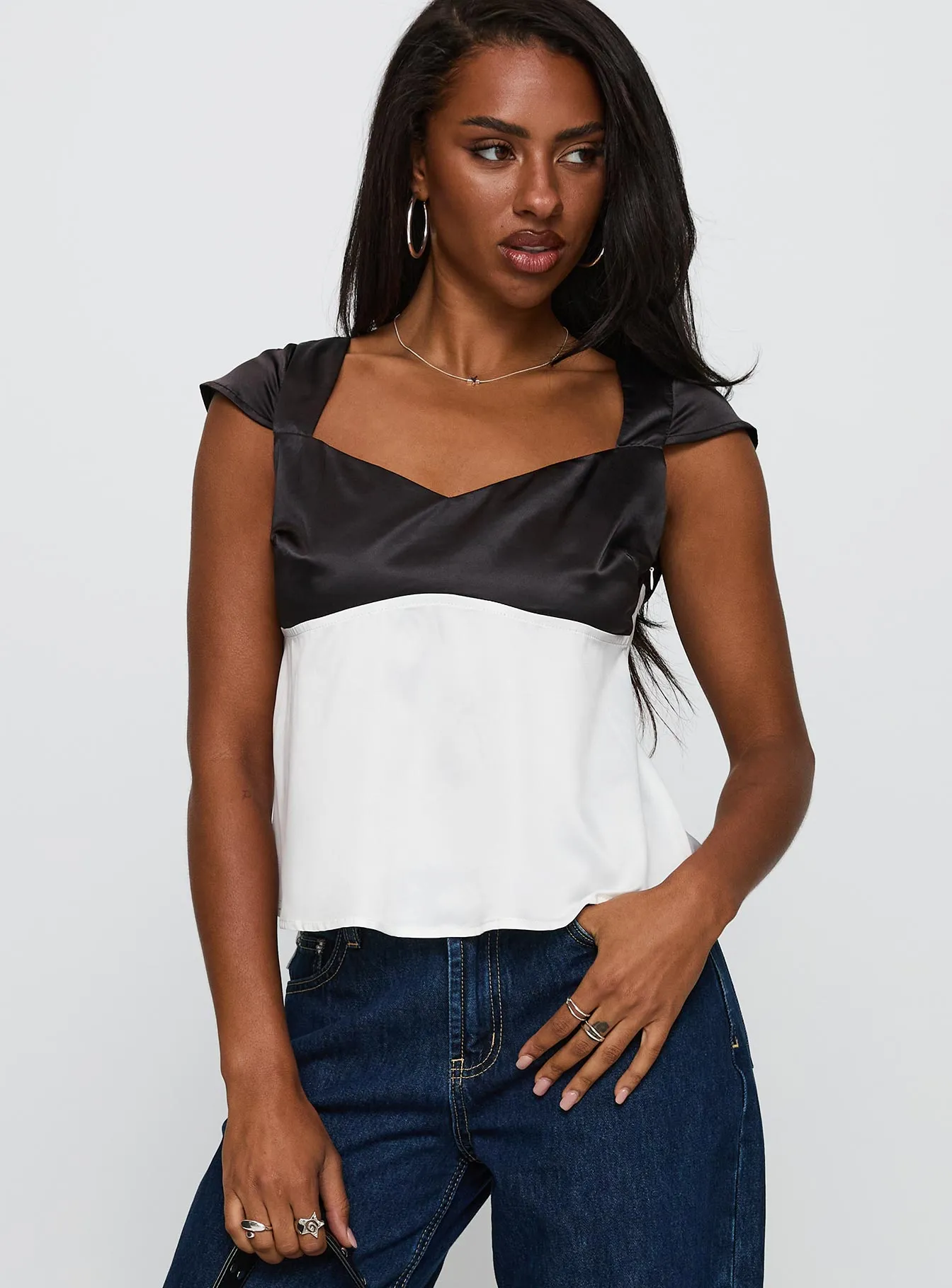 Think About It Cap Sleeve Top Black / White sold by Princess Polly product image thumbnail 2