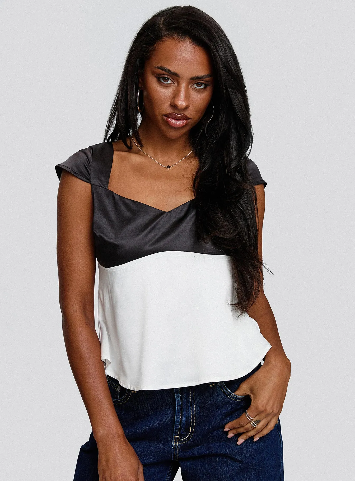 Think About It Cap Sleeve Top Black / White sold by Princess Polly