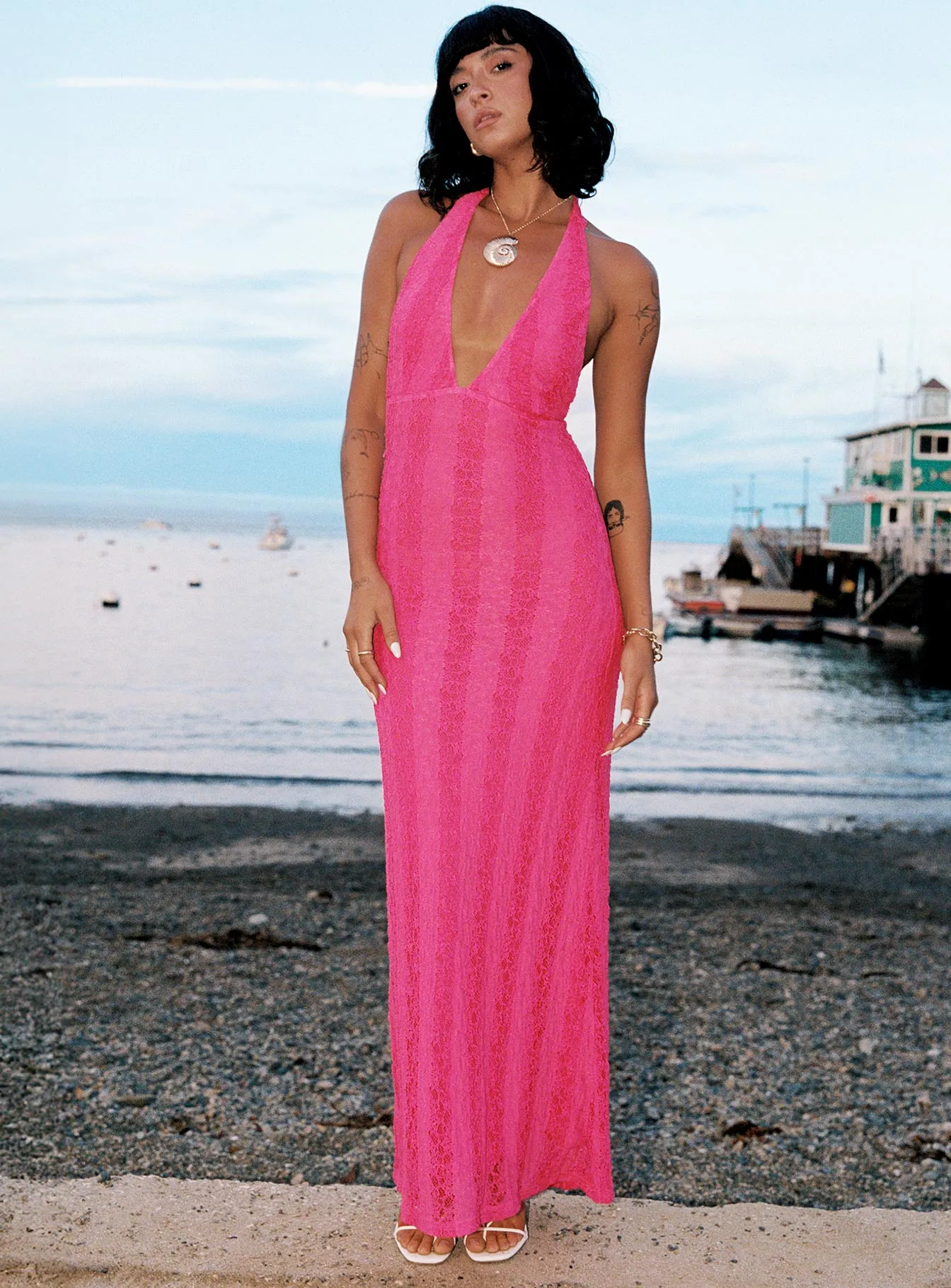 Zoi Lace Halter Maxi Dress Hot Pink sold by Princess Polly product image thumbnail 3