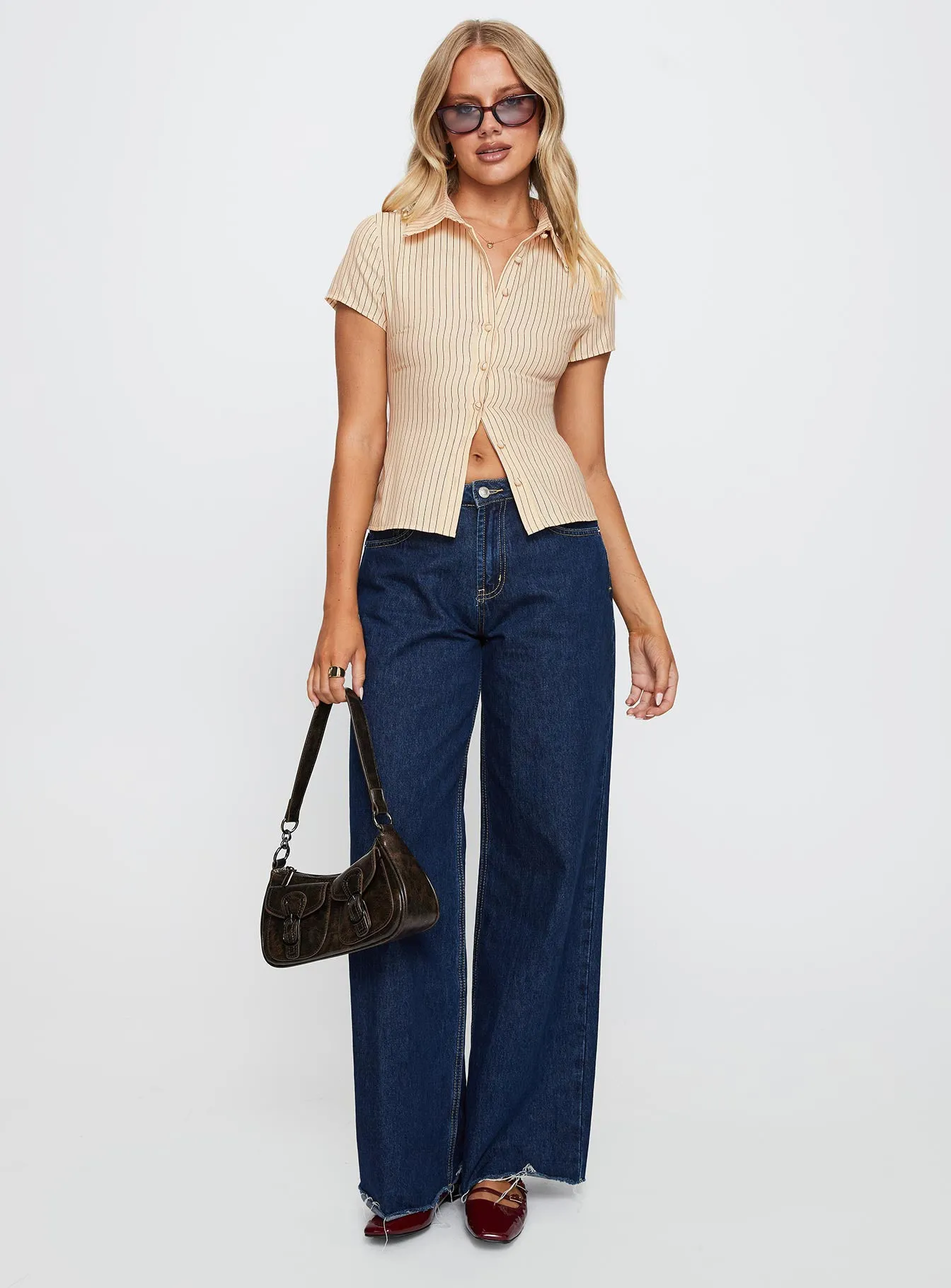 Lift Off Button Up Top Cream / Navy Stripe sold by Princess Polly product image thumbnail 3