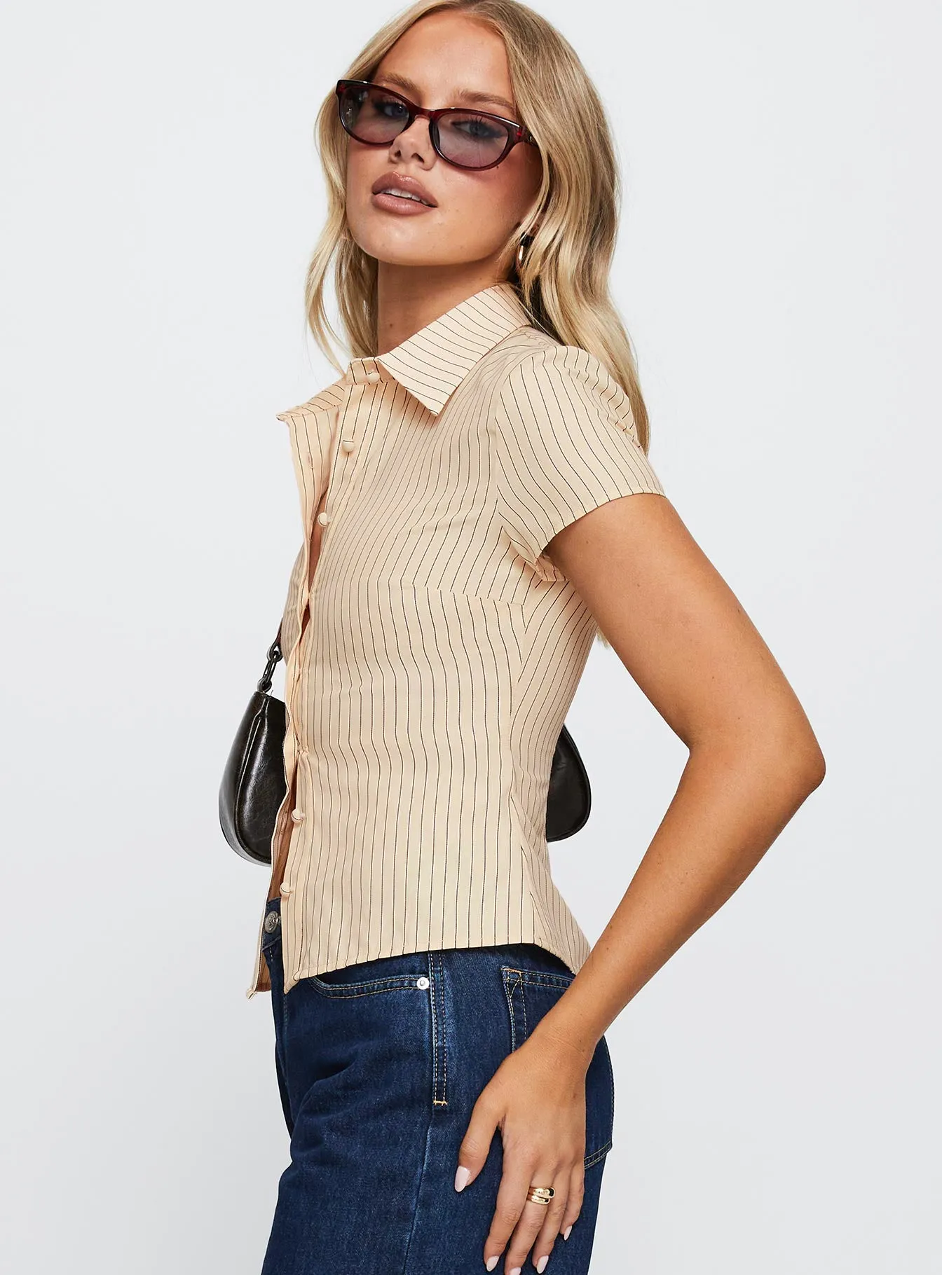 Lift Off Button Up Top Cream / Navy Stripe sold by Princess Polly product image thumbnail 4