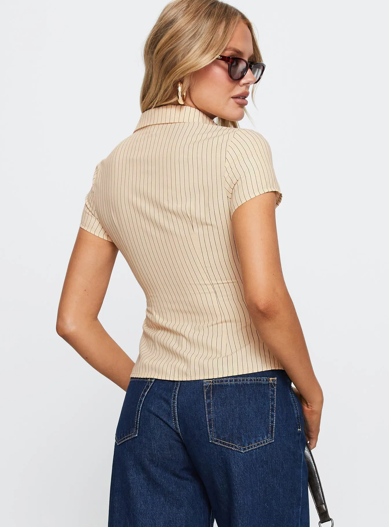 Lift Off Button Up Top Cream / Navy Stripe sold by Princess Polly product image thumbnail 5