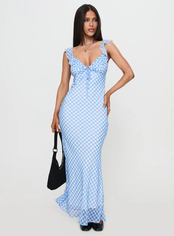 Brigette Maxi Dress Blue Gingham sold by Princess Polly