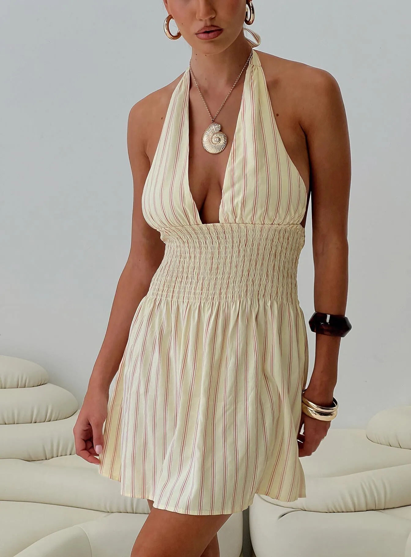 Alivea Shirred Mini Dress Cream sold by Princess Polly