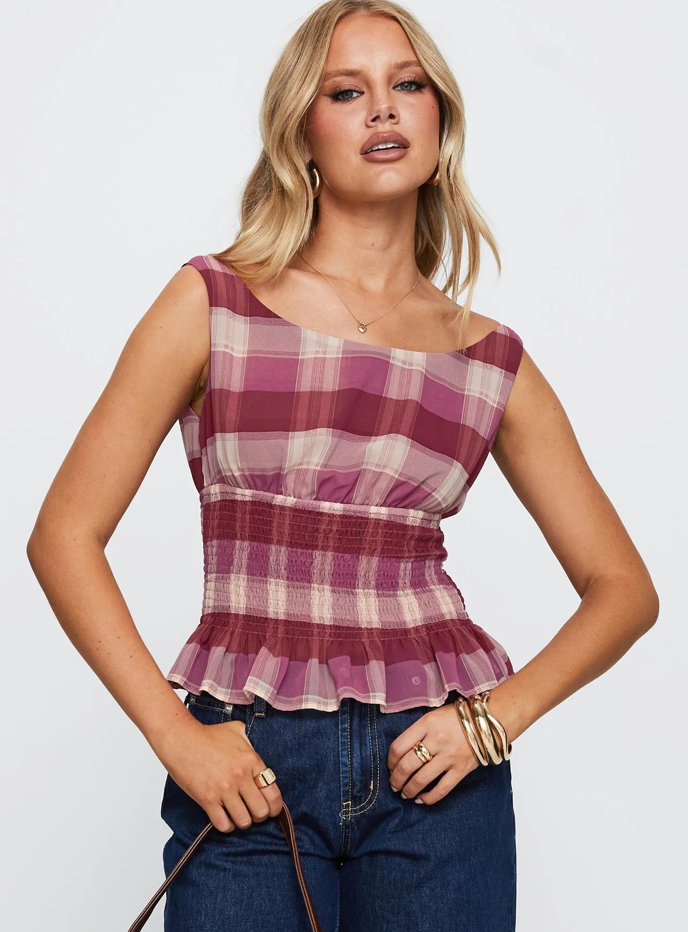 Sweet Honey Frill Top Pink Check sold by Princess Polly