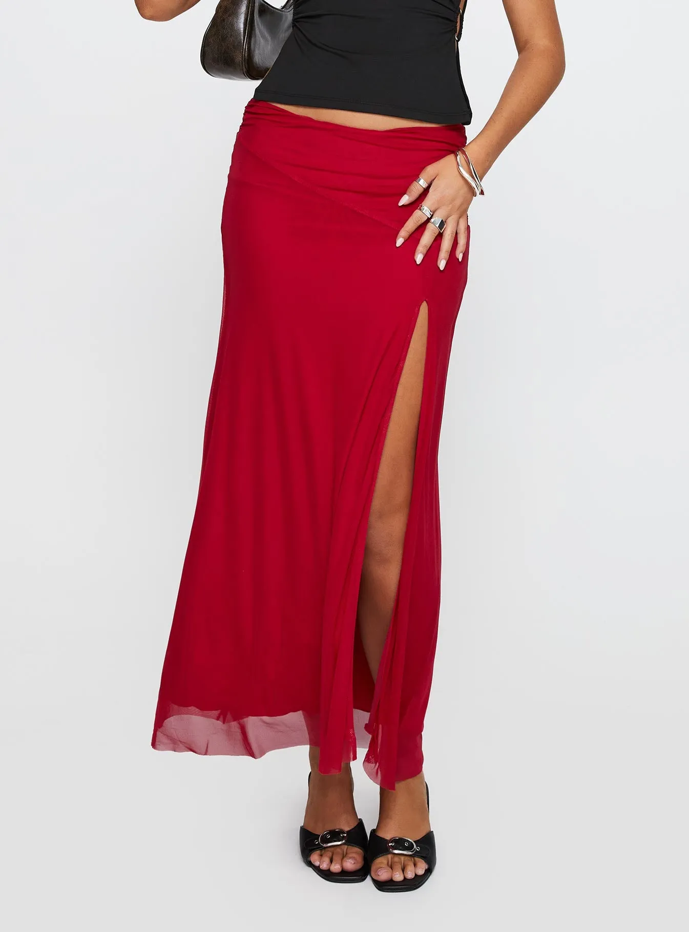 Quancita Mesh Maxi Skirt Red sold by Princess Polly