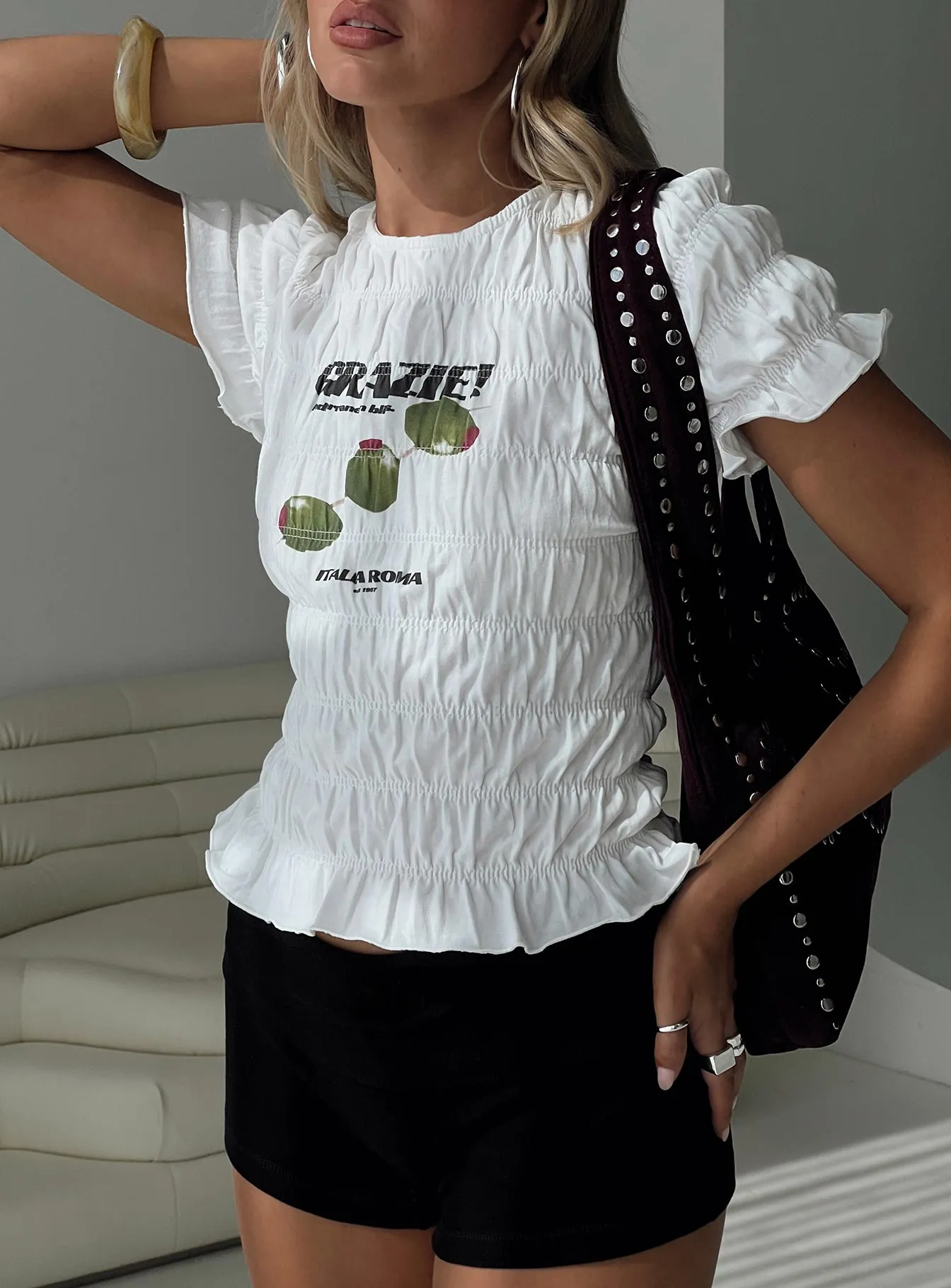 Grazie Mille Shirred Graphic Top White / Green sold by Princess Polly