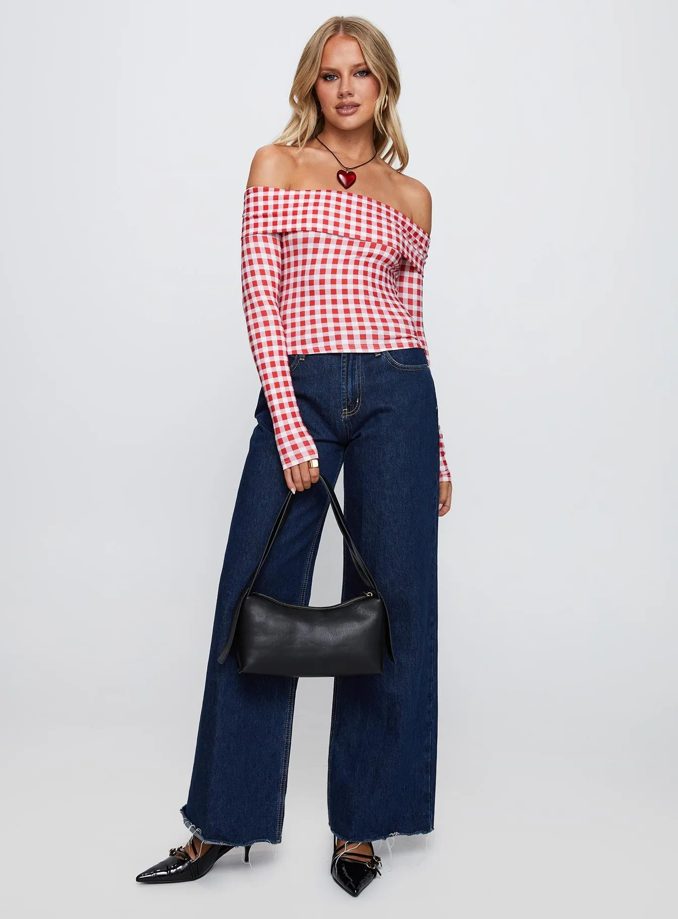 Singular Off The Shoulder Long Sleeve Top Red Check sold by Princess Polly product image thumbnail 3