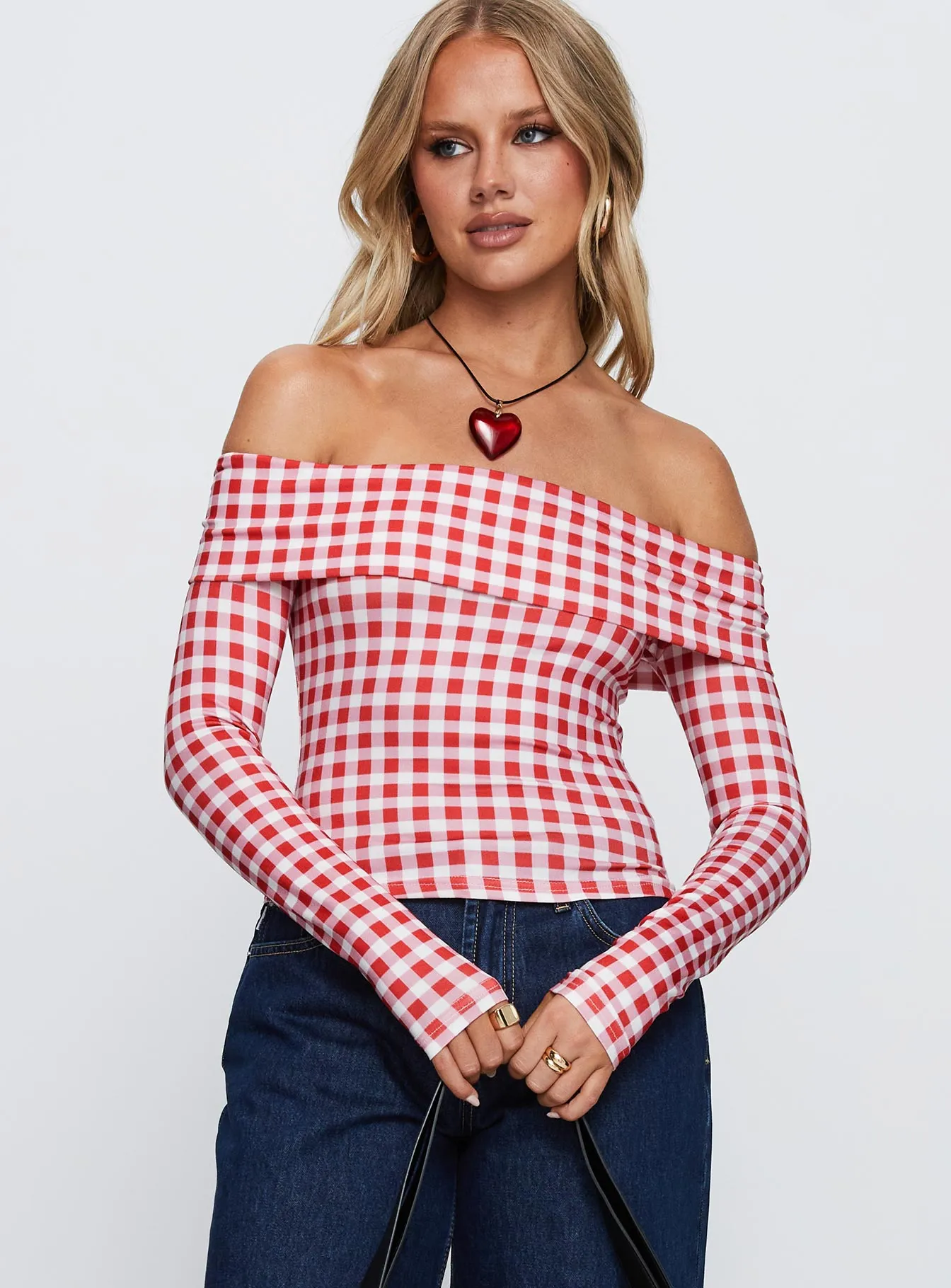 Singular Off The Shoulder Long Sleeve Top Red Check sold by Princess Polly product image thumbnail 2