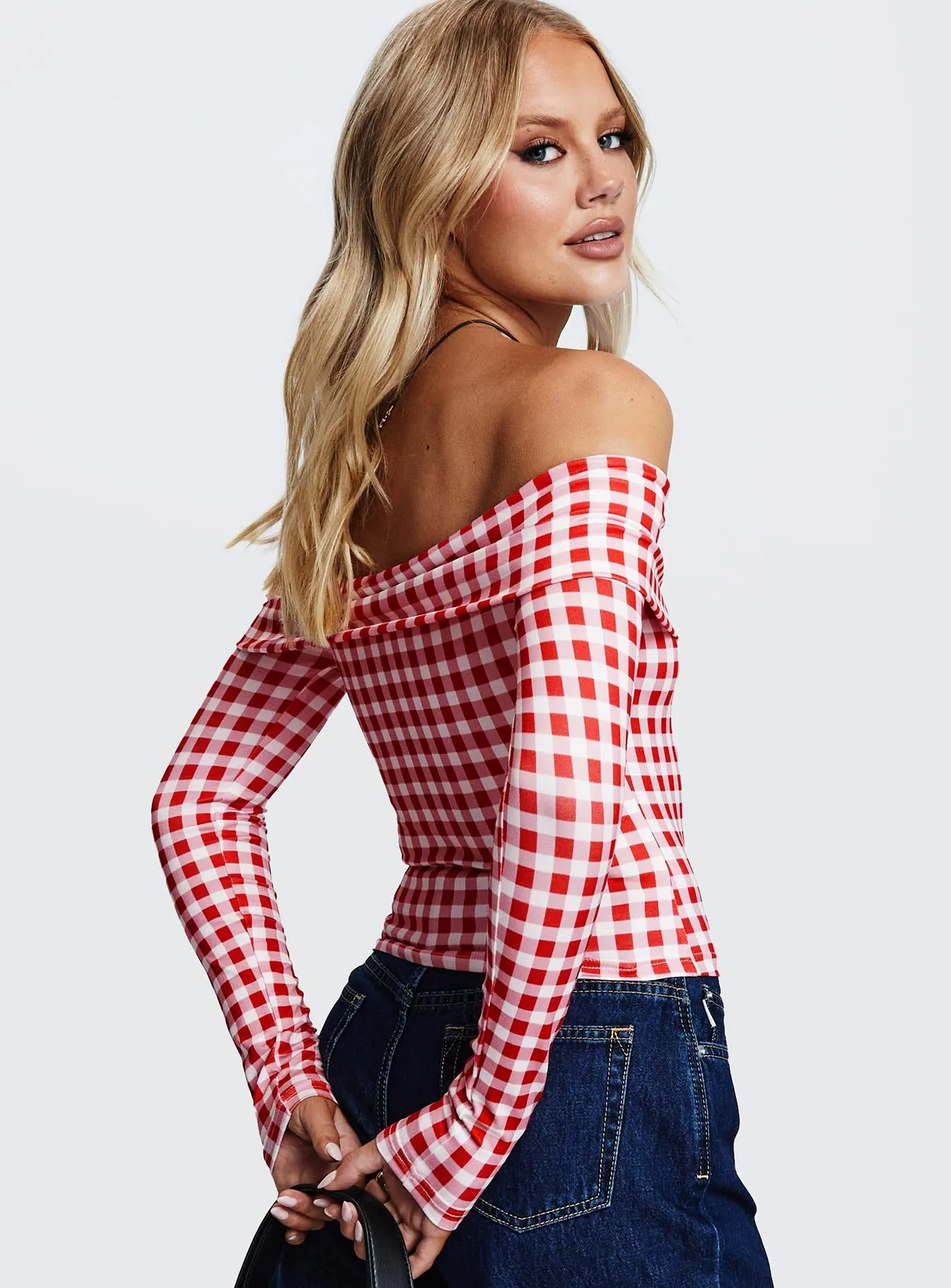 Singular Off The Shoulder Long Sleeve Top Red Check sold by Princess Polly