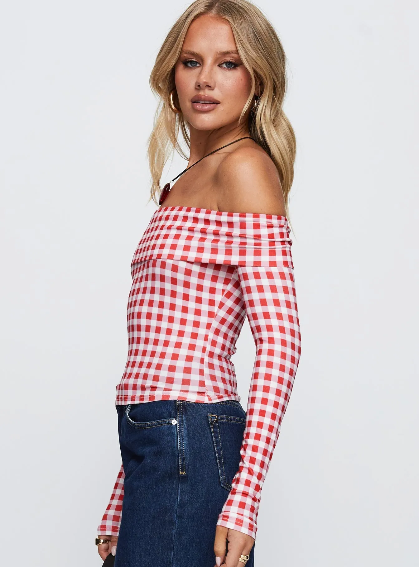 Singular Off The Shoulder Long Sleeve Top Red Check sold by Princess Polly product image thumbnail 4