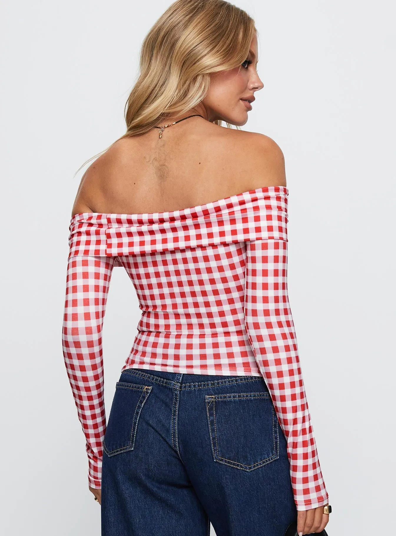 Singular Off The Shoulder Long Sleeve Top Red Check sold by Princess Polly product image thumbnail 5