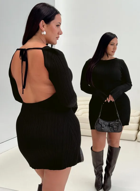 Mayok Long Sleeve Mini Dress Black Curve sold by Princess Polly