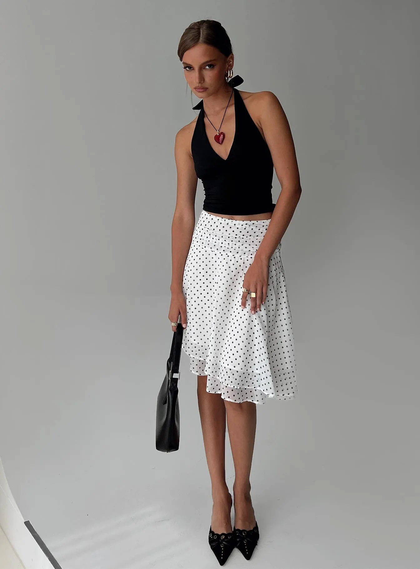 Evanescence Asymmetrical Midi Skirt White / Polka Dot sold by Princess Polly
