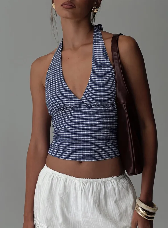 Whimsy Halter Top Navy Gingham sold by Princess Polly