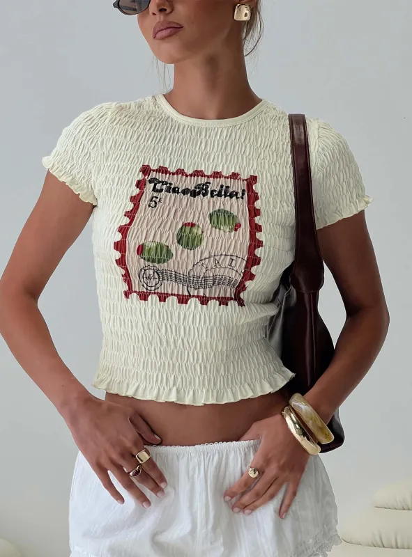 Ciao Bella Shirred Graphic Top Cream sold by Princess Polly