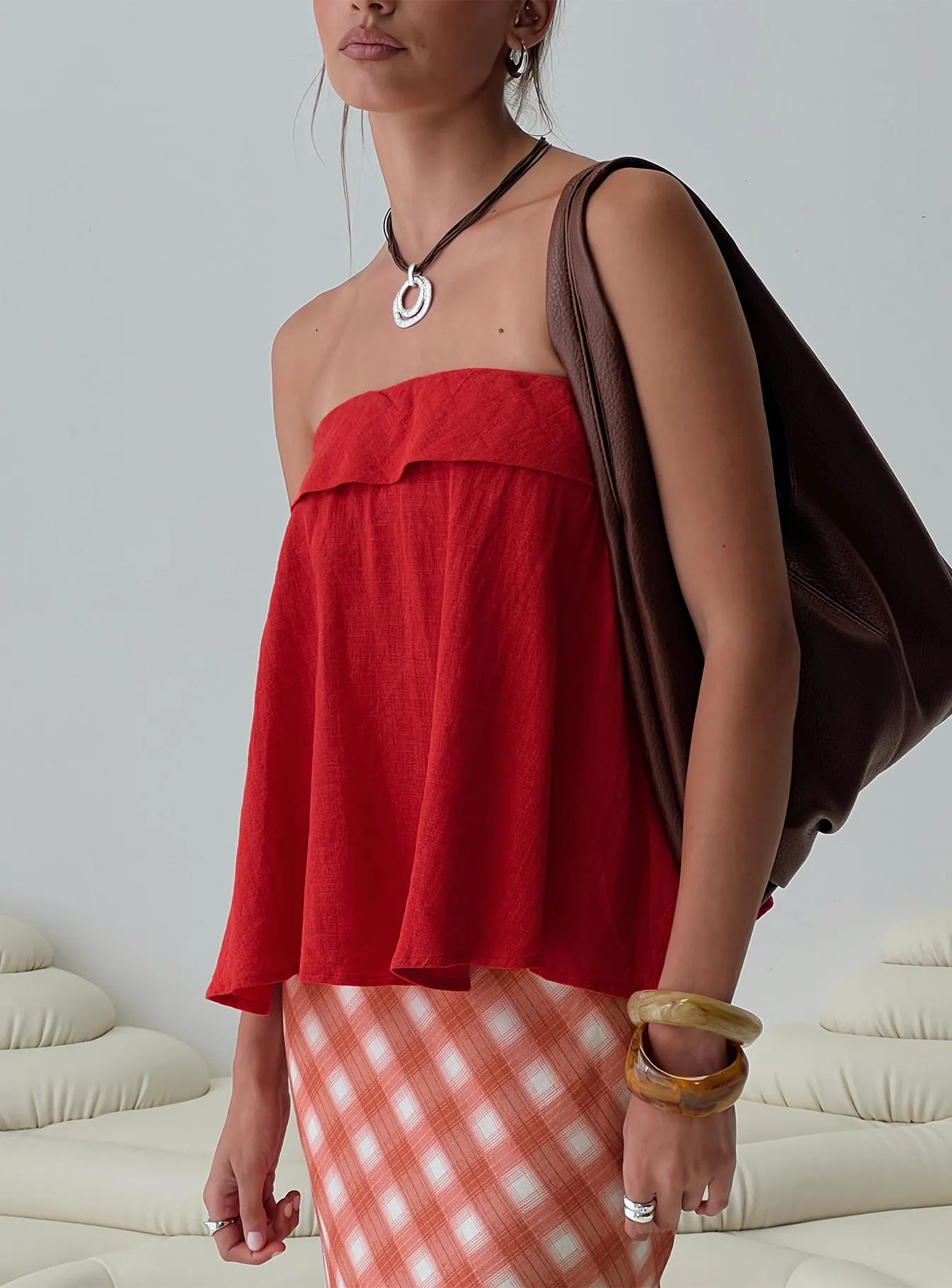 Ethel Strapless Linen Top Red sold by Princess Polly