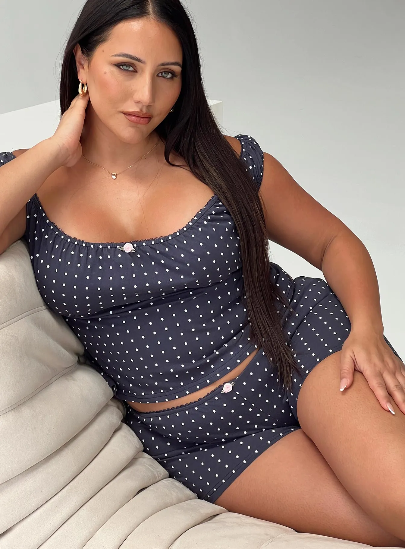 Drift Away Off The Shoulder Sleep Set Navy Dot Curve sold by Princess Polly