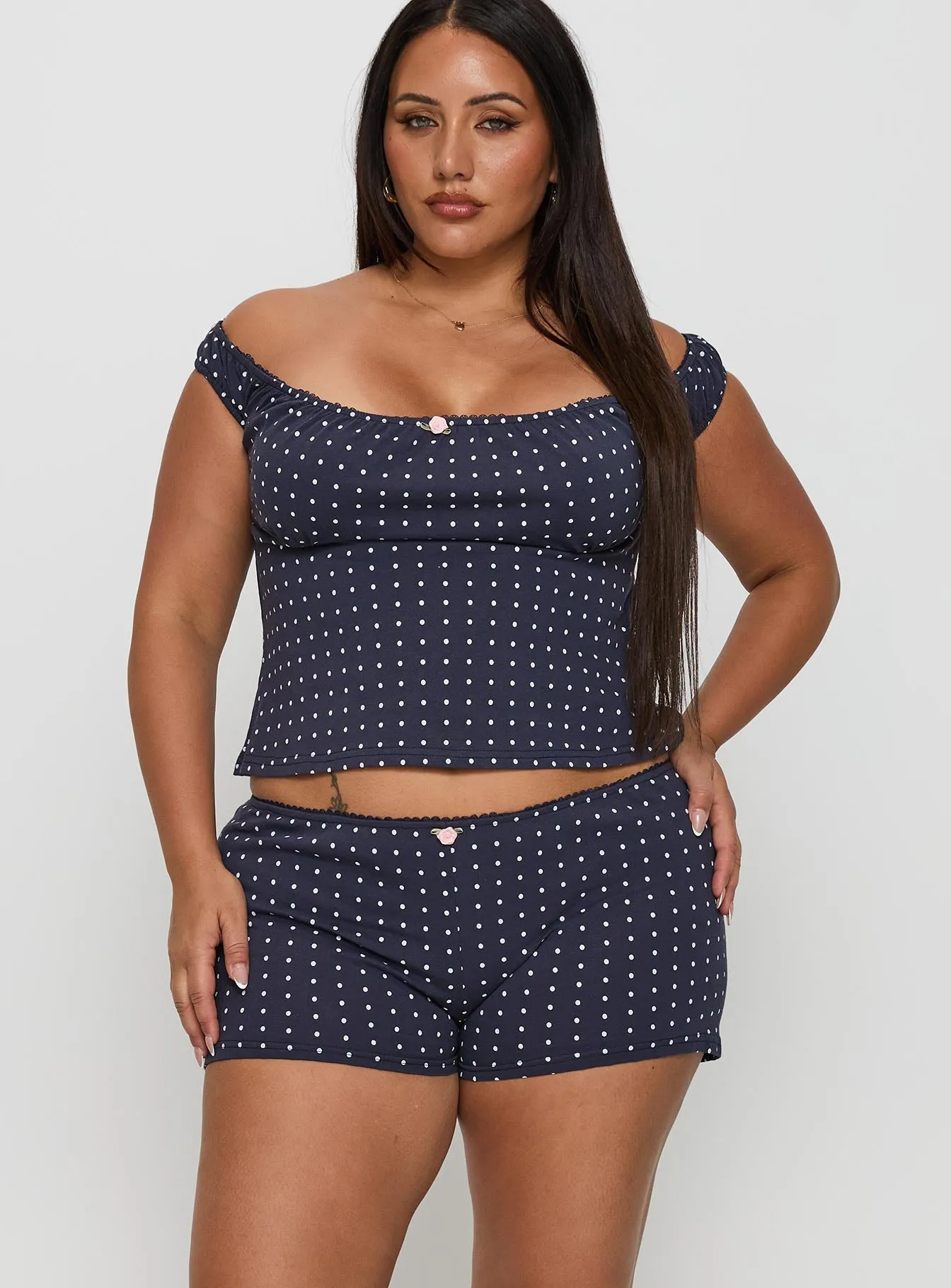 Drift Away Off The Shoulder Sleep Set Navy Dot Curve sold by Princess Polly product image thumbnail 2