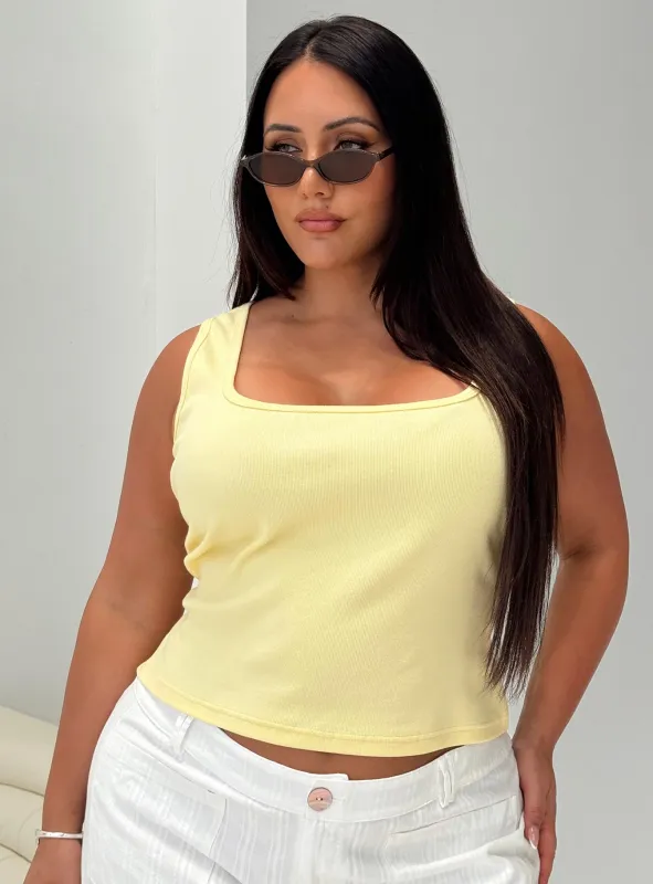 Baseline Square Neck Rib Tank Top Lemon Curve sold by Princess Polly