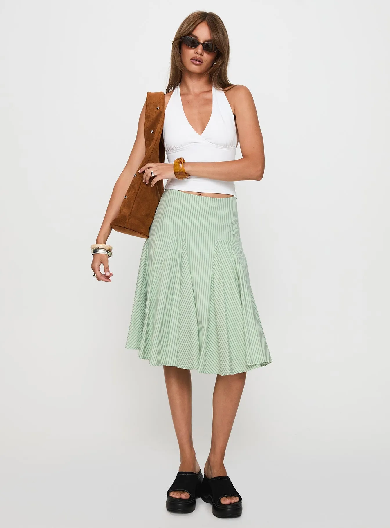 Evangaleine Pleat Midi Skirt Green / White sold by Princess Polly product image thumbnail 2