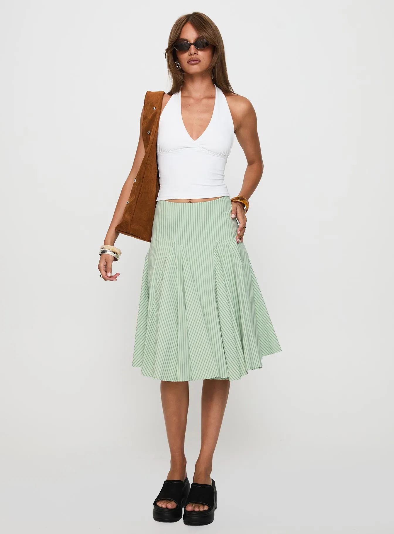 Evangaleine Pleat Midi Skirt Green / White sold by Princess Polly product image thumbnail 3