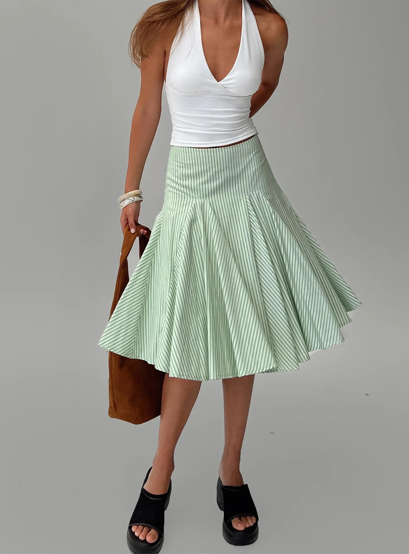Evangaleine Pleat Midi Skirt Green / White sold by Princess Polly