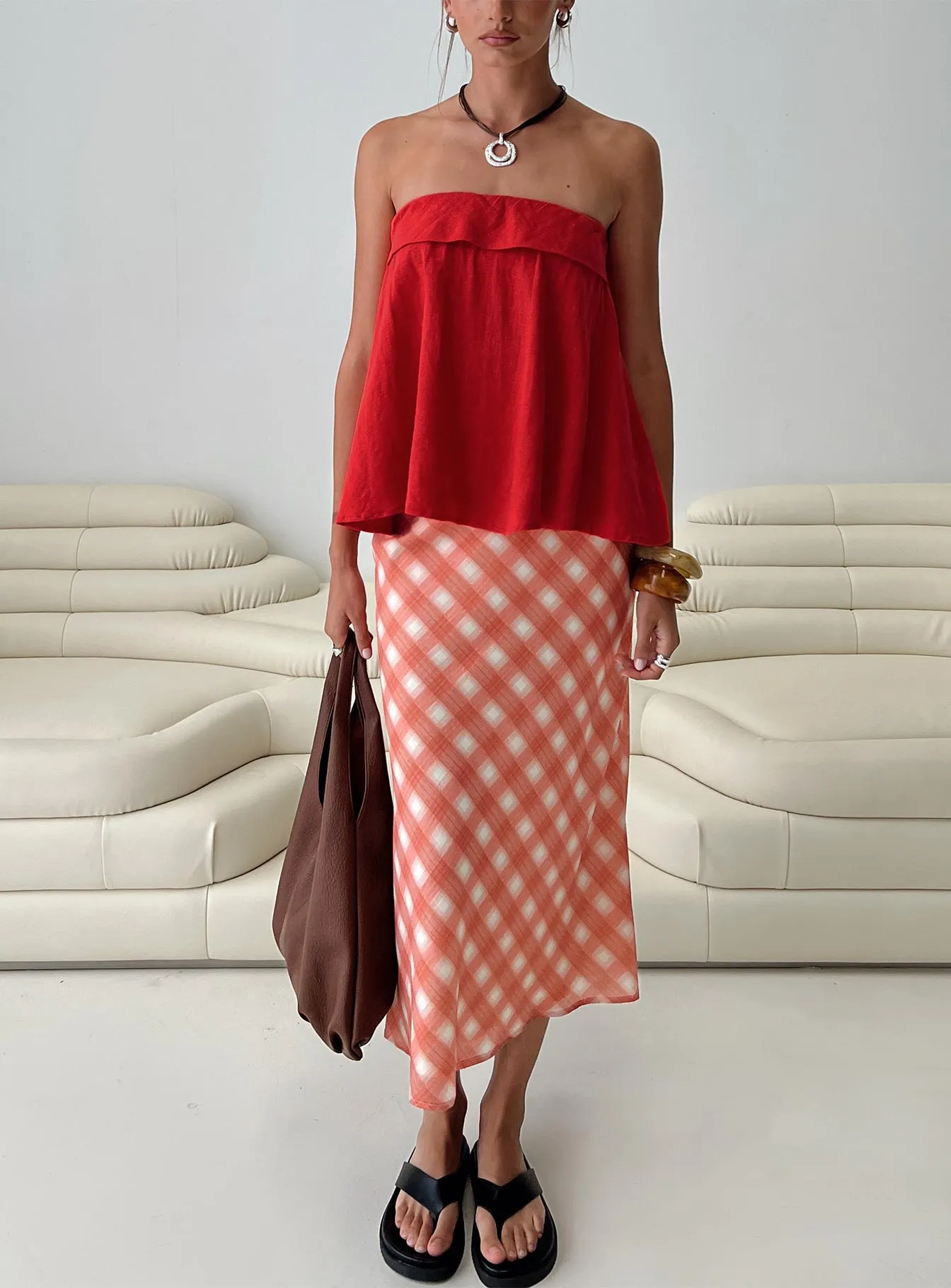 Living Color Maxi Skirt Orange Gingham sold by Princess Polly