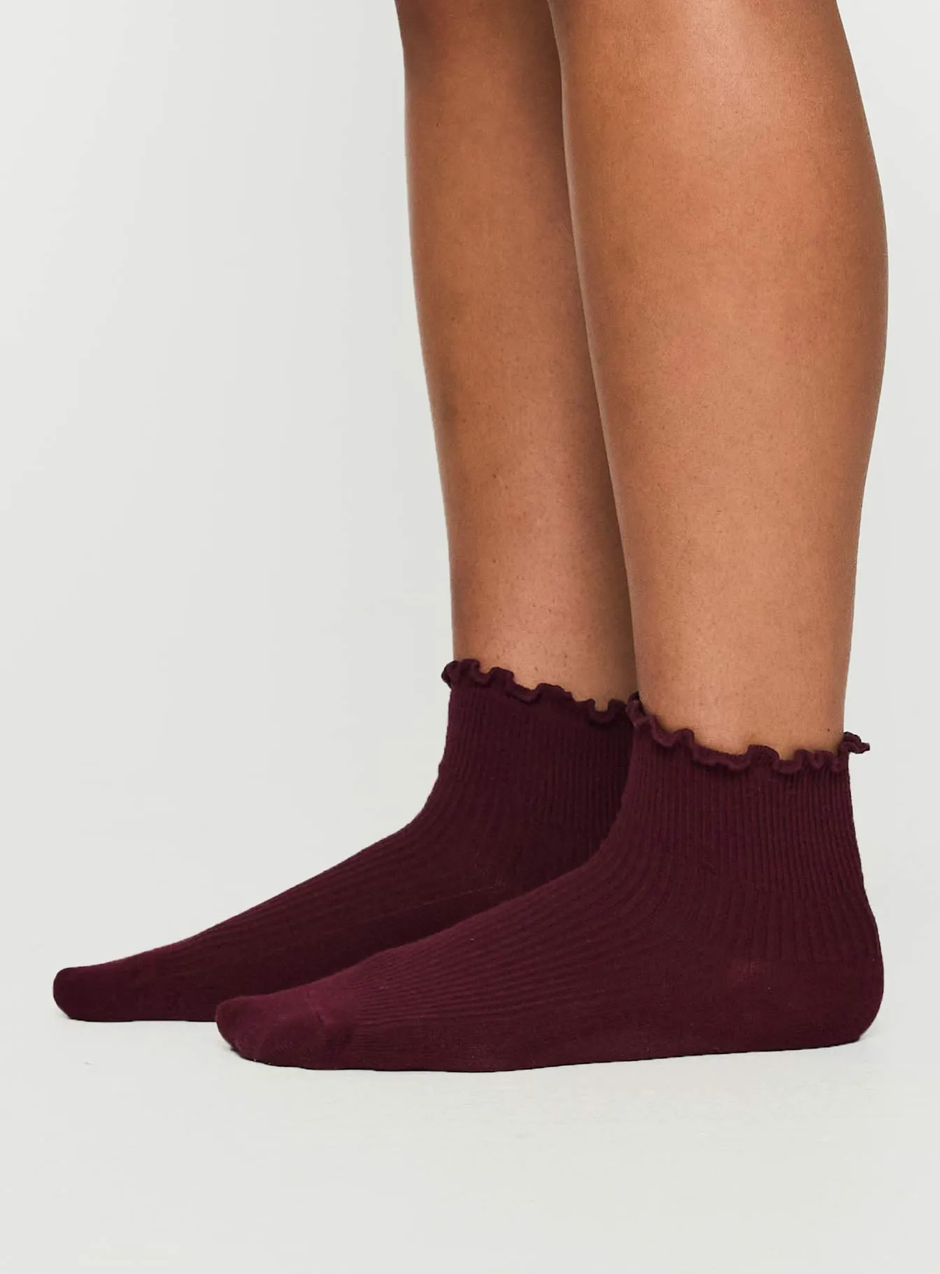 Ribbed Ruffle Socks Burgundy sold by Princess Polly product image thumbnail 3