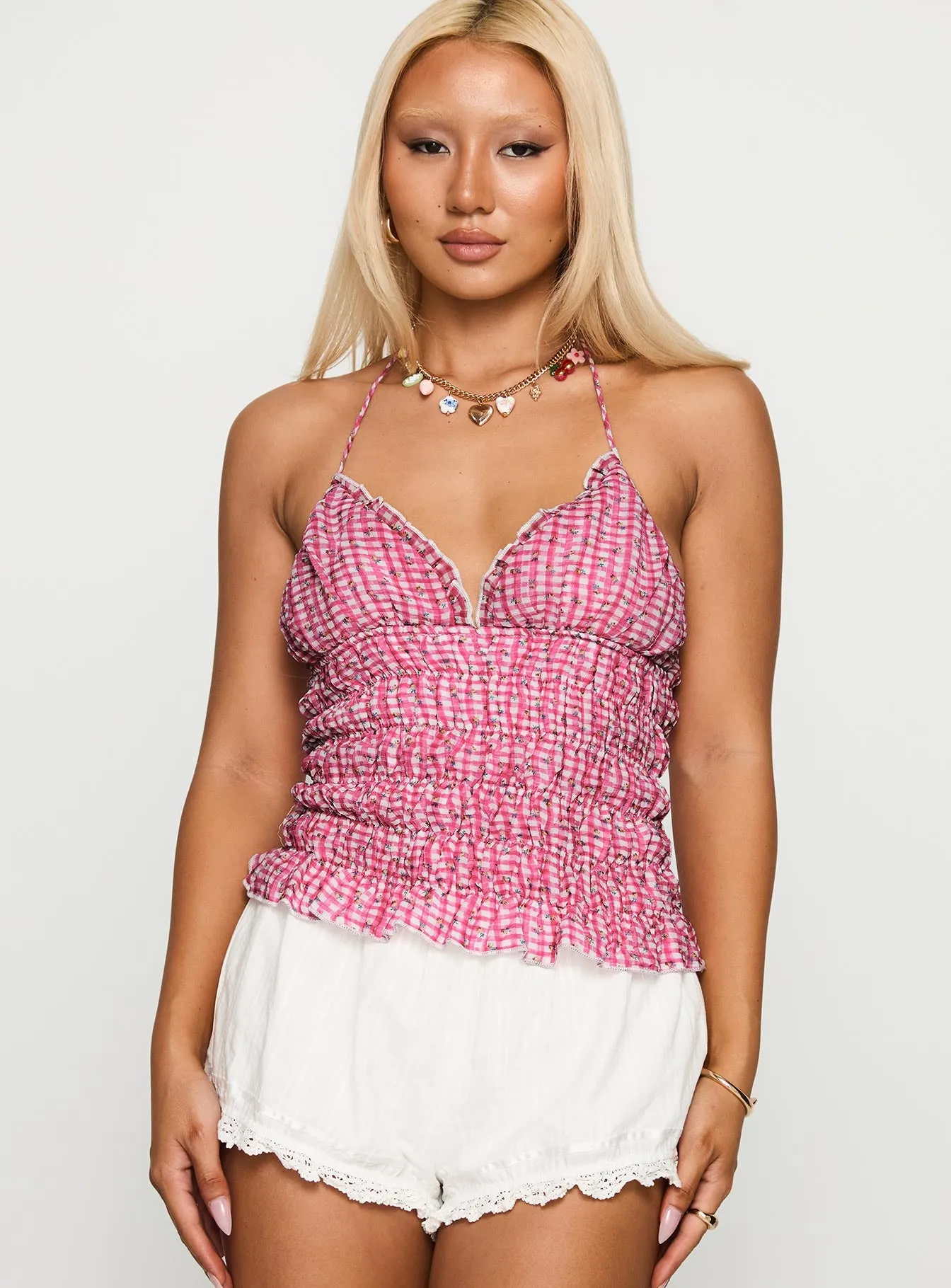 Eliette Ruched Top Pink Check sold by Princess Polly product image thumbnail 2