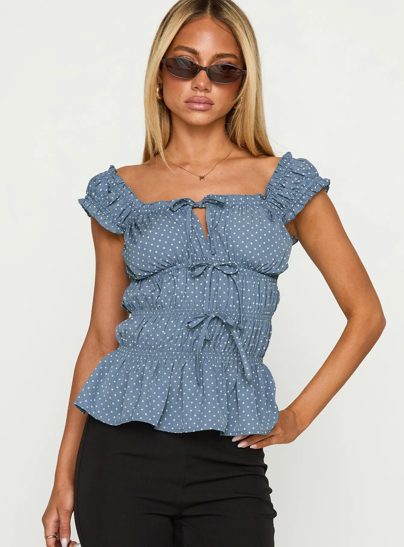 Scouts Honour Shirred Top Blue / White sold by Princess Polly product image thumbnail 2