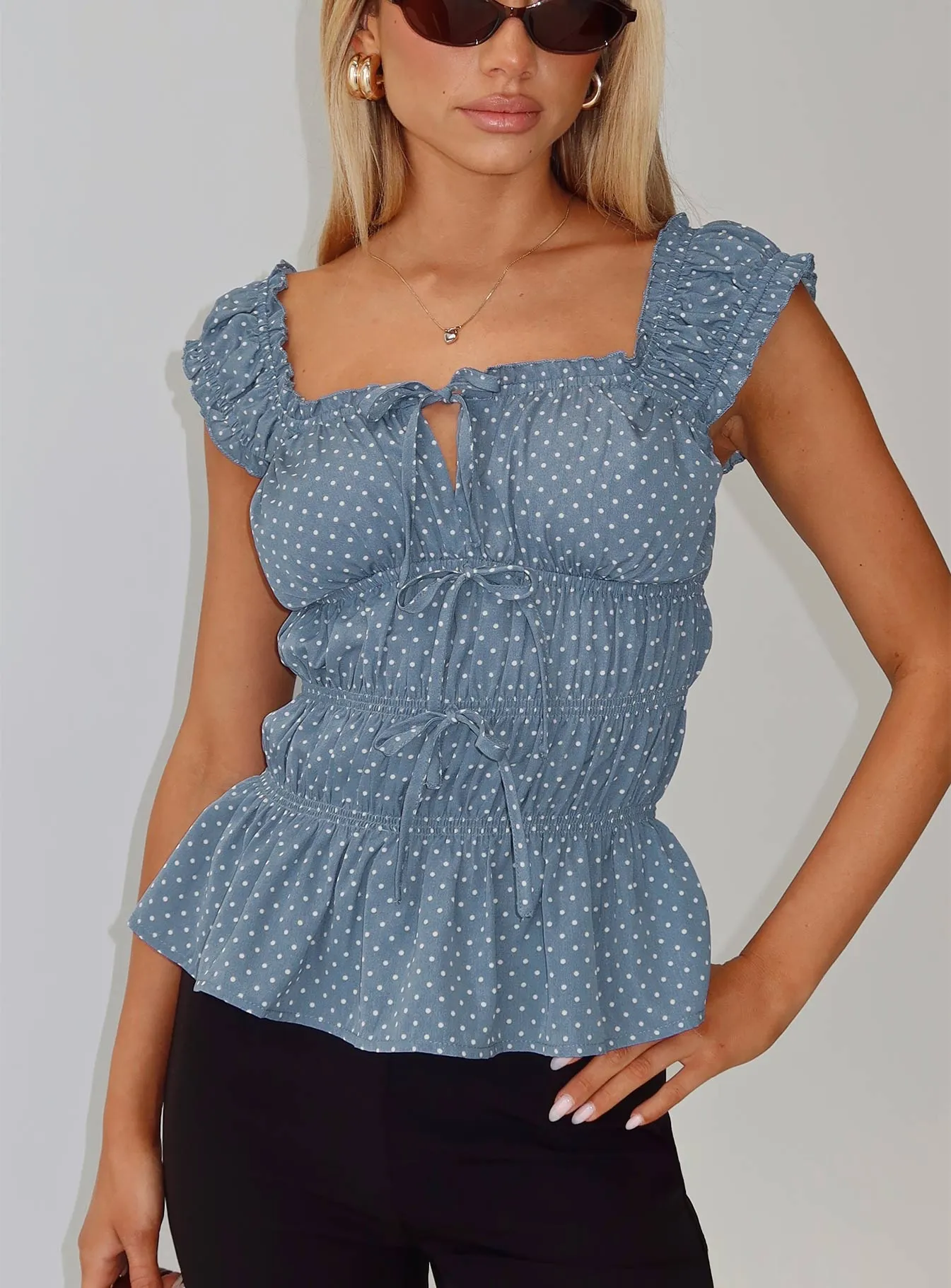 Scouts Honour Shirred Top Blue / White sold by Princess Polly