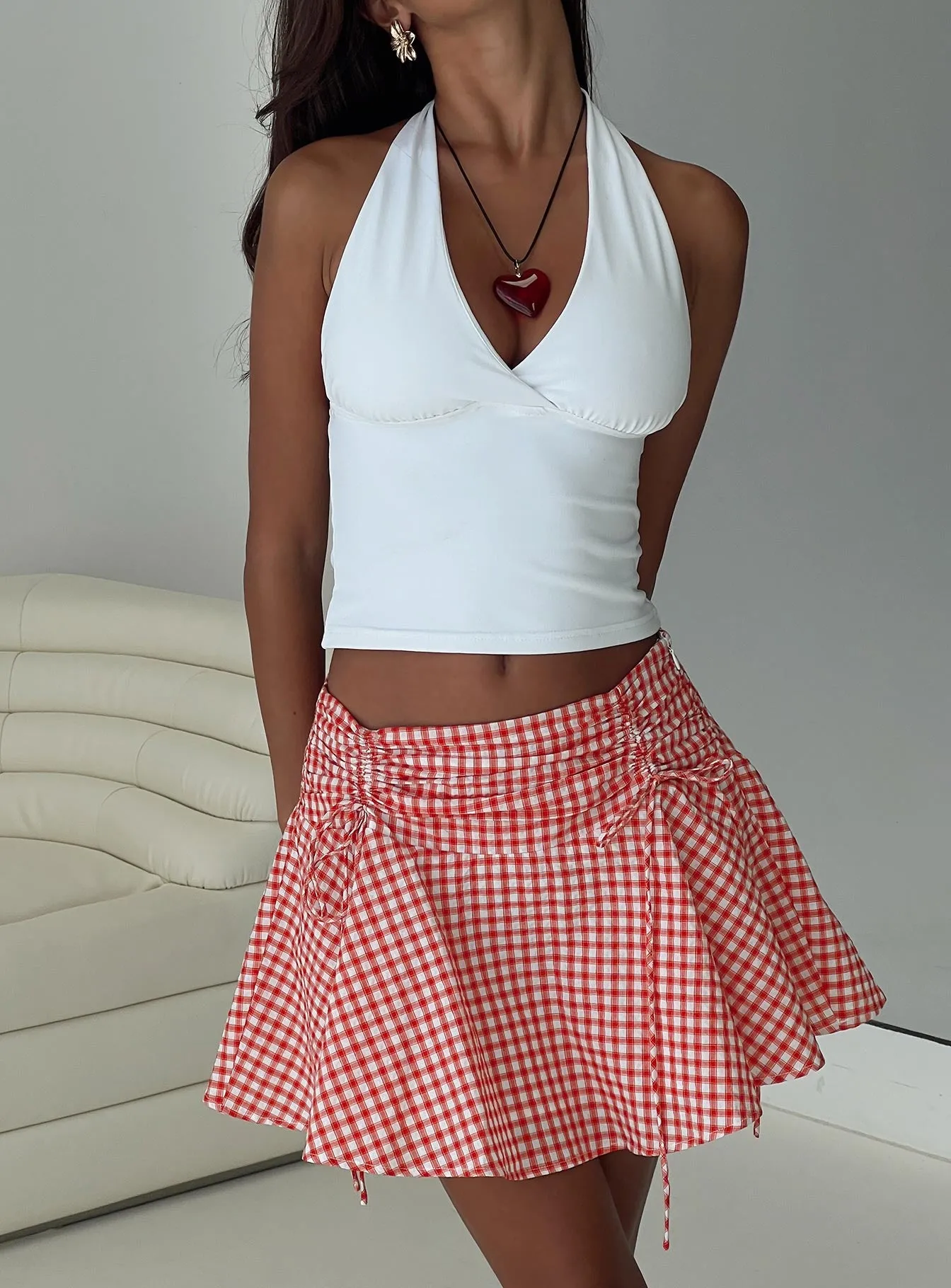 Sweet Verona Ruched Mini Skirt Red Check sold by Princess Polly