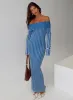 Mariska Long Sleeve Rib Maxi Dress Blue sold by Princess Polly