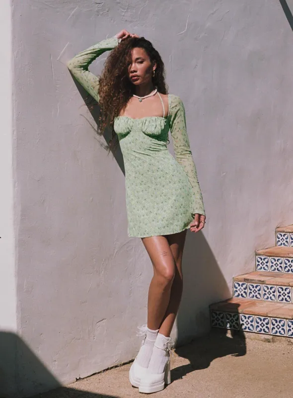 Dyer Sheer Sleeve Mini Dress Green Floral sold by Princess Polly