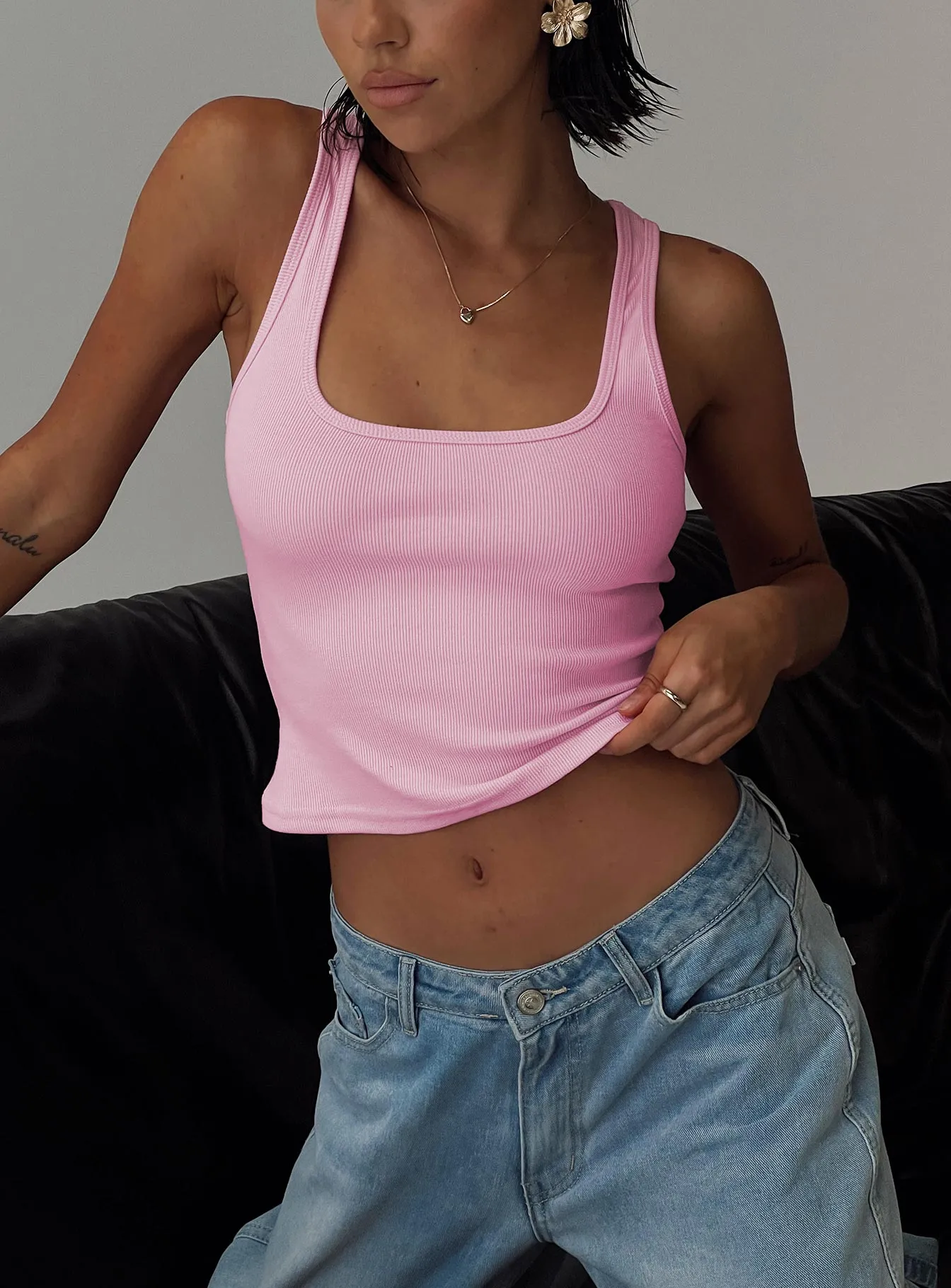 Baseline Square Neck Rib Tank Top Pale Pink sold by Princess Polly