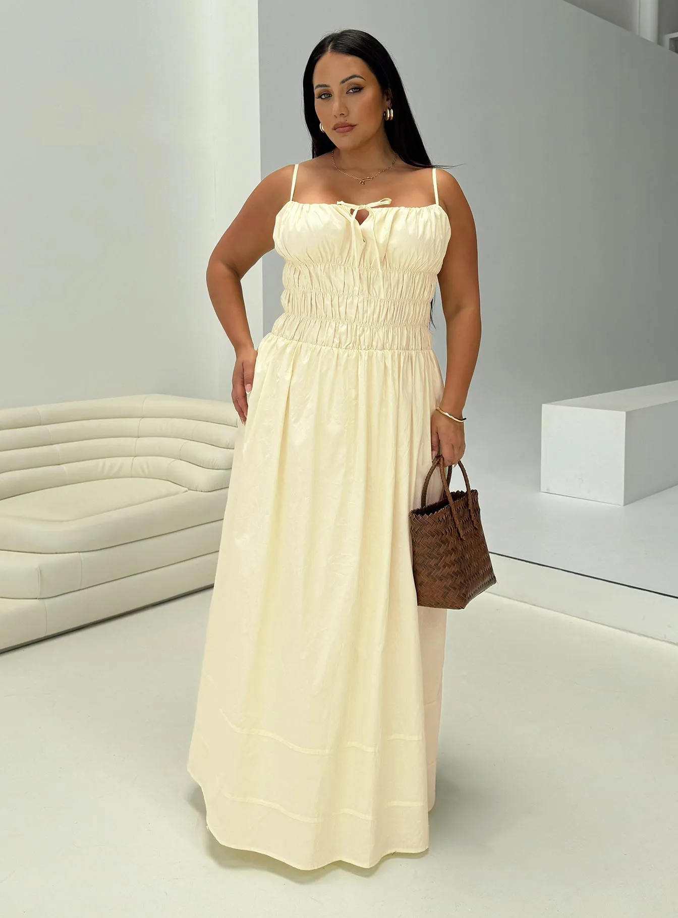 Loralei Shirred Maxi Dress Yellow Curve sold by Princess Polly
