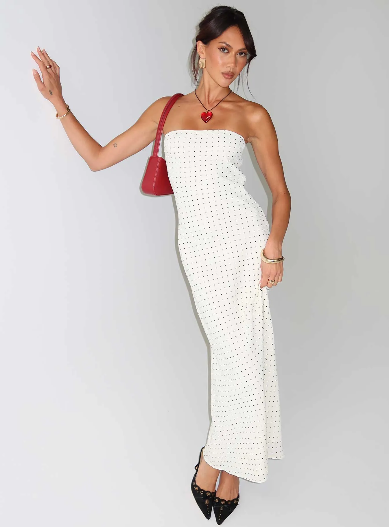Just For Fun Strapless Maxi Dress White Polka Dot sold by Princess Polly
