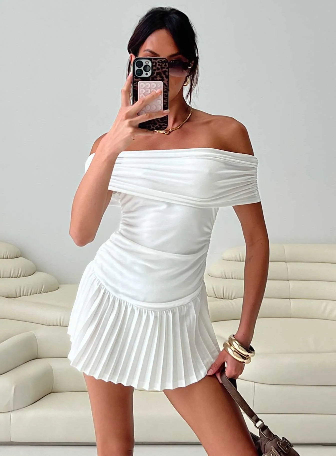 Lucianne Off The Shoulder Mini Dress White sold by Princess Polly