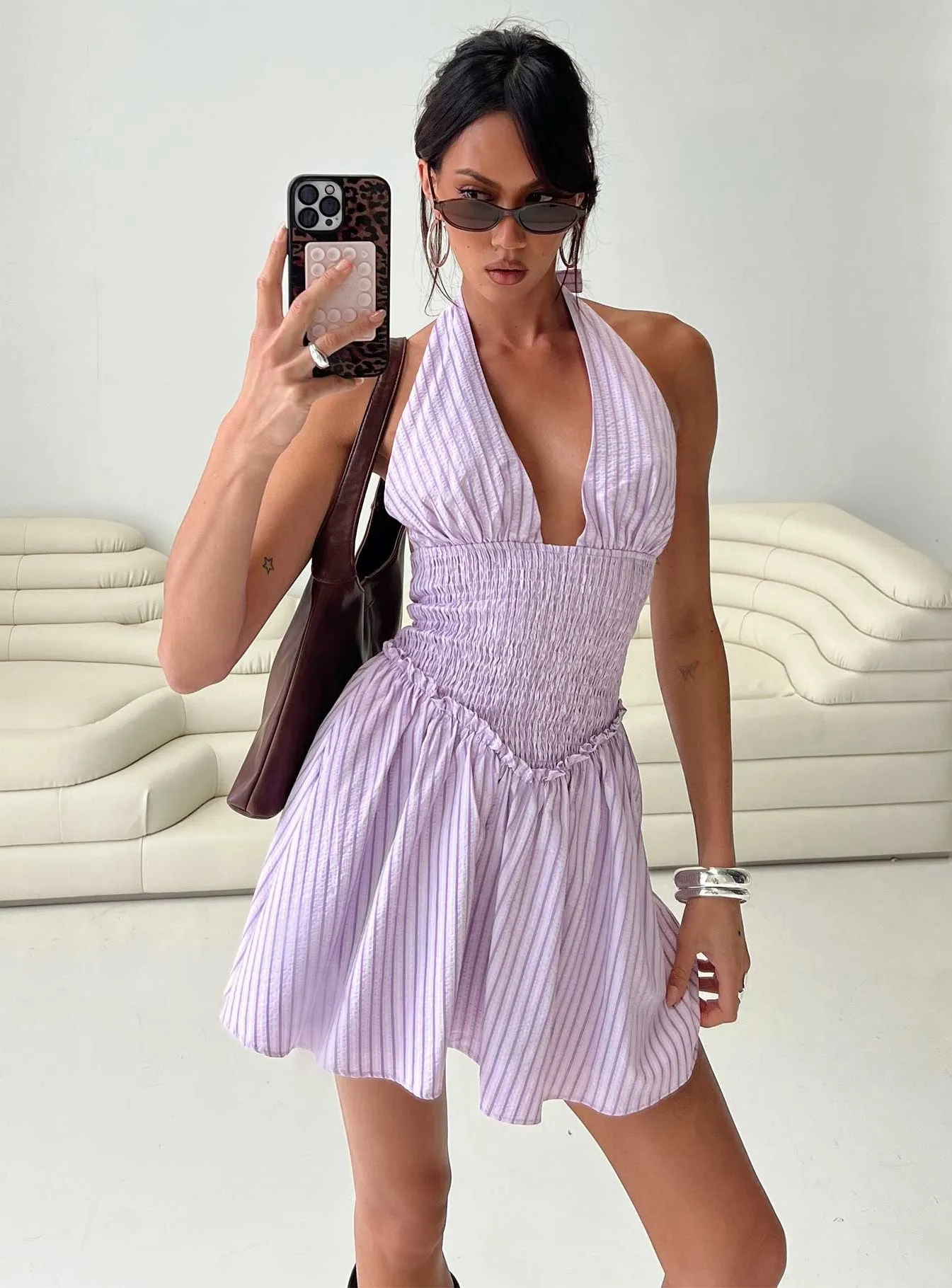 Attracted Halter Mini Dress Purple Stripe sold by Princess Polly