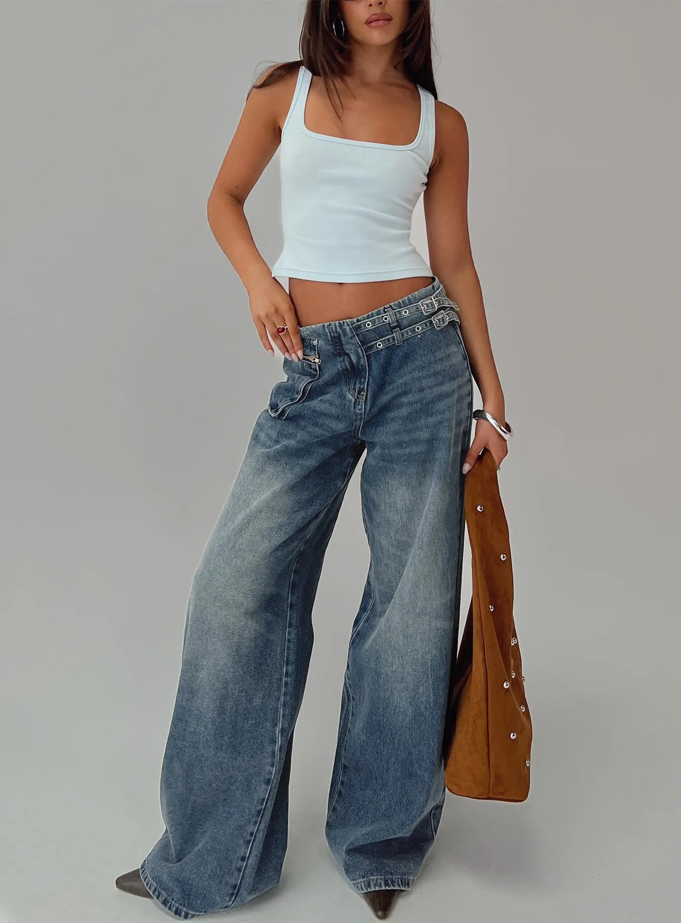 Paltrow Mid Rise Wide Leg Cargo Jeans Mid Blue Wash sold by Princess Polly