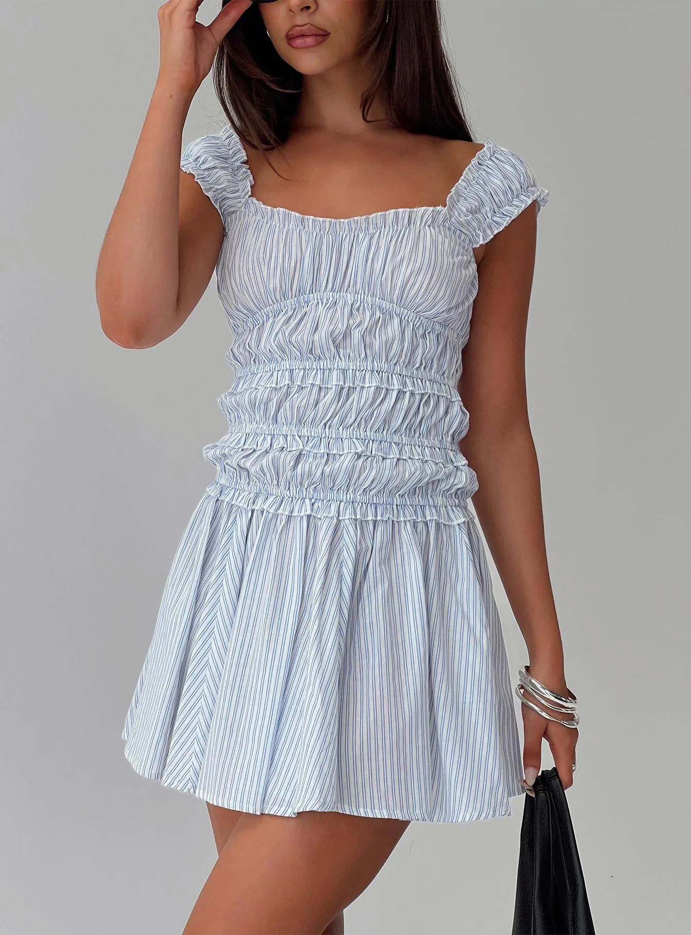 Wonderlust Shirred Mini Dress Blue Stripe sold by Princess Polly