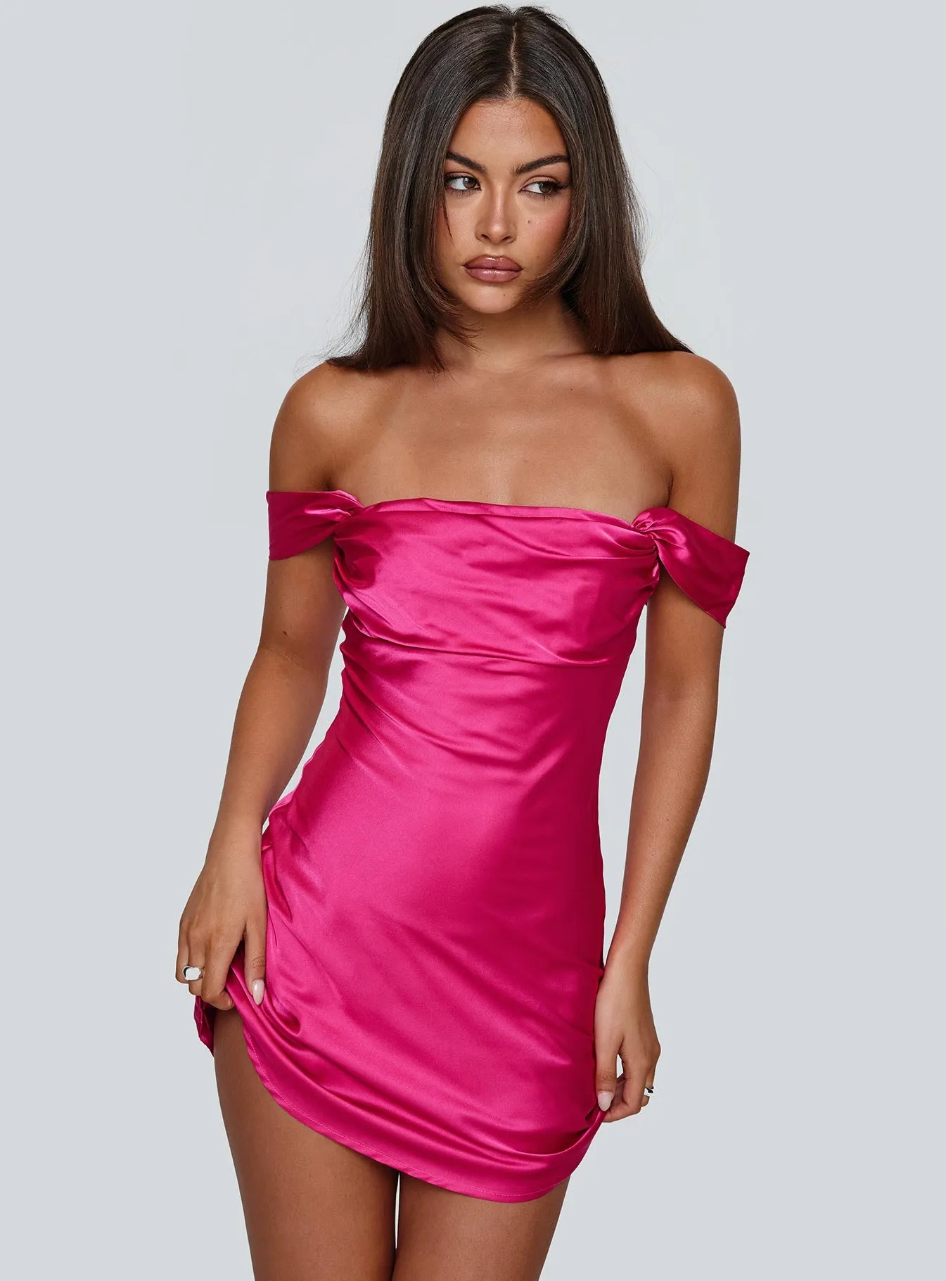 Zabbarra Off The Shoulder Mini Dress Hot Pink sold by Princess Polly