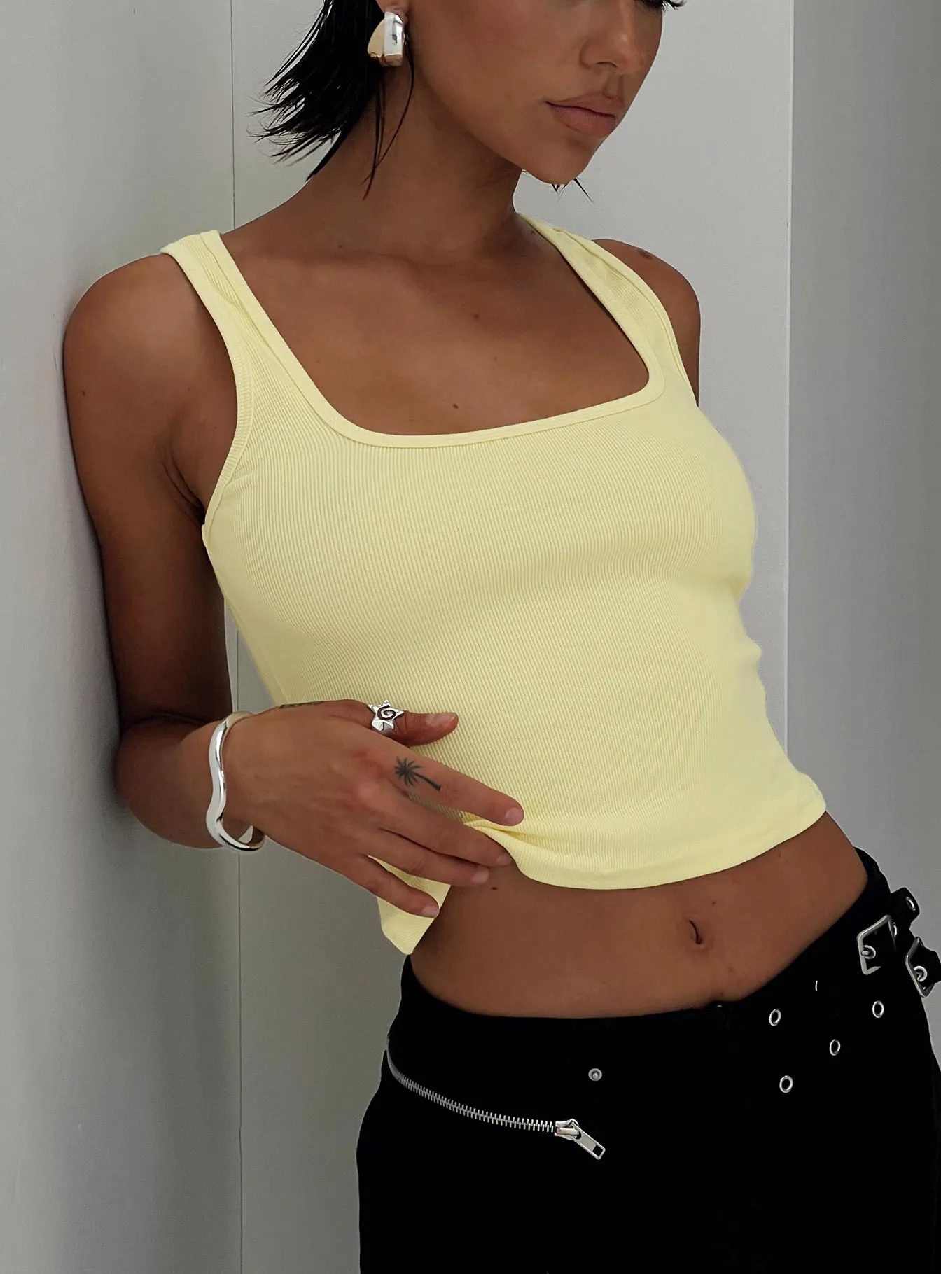 Baseline Square Neck Rib Tank Top Lemon sold by Princess Polly