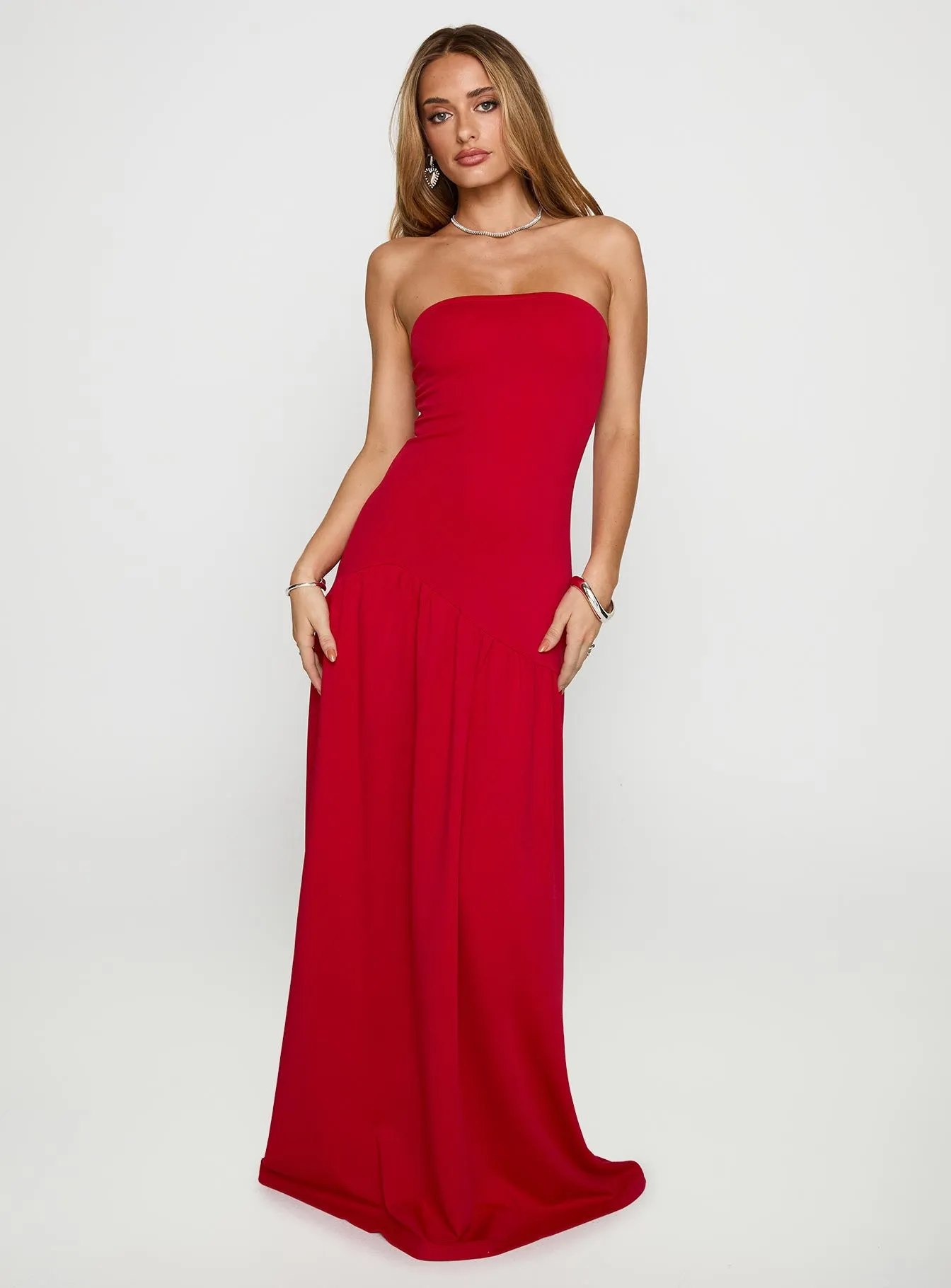 Move Me Strapless Maxi Dress Red sold by Princess Polly
