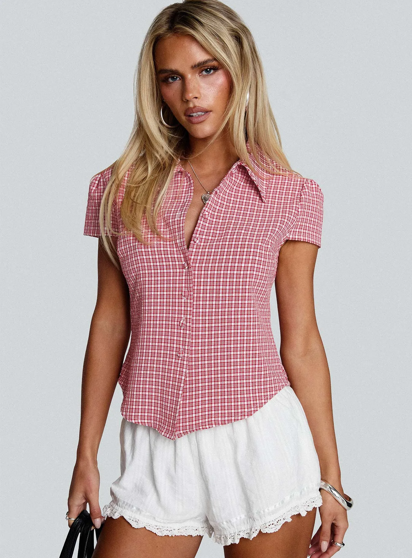 Float Away Button Up Top Red Check sold by Princess Polly