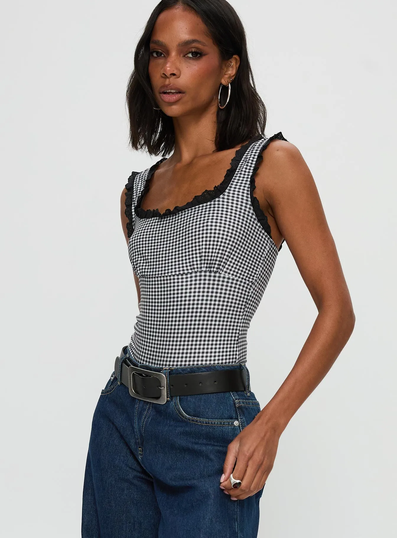 Trustfund Lace Trim Bodysuit Black / White Check sold by Princess Polly product image thumbnail 3