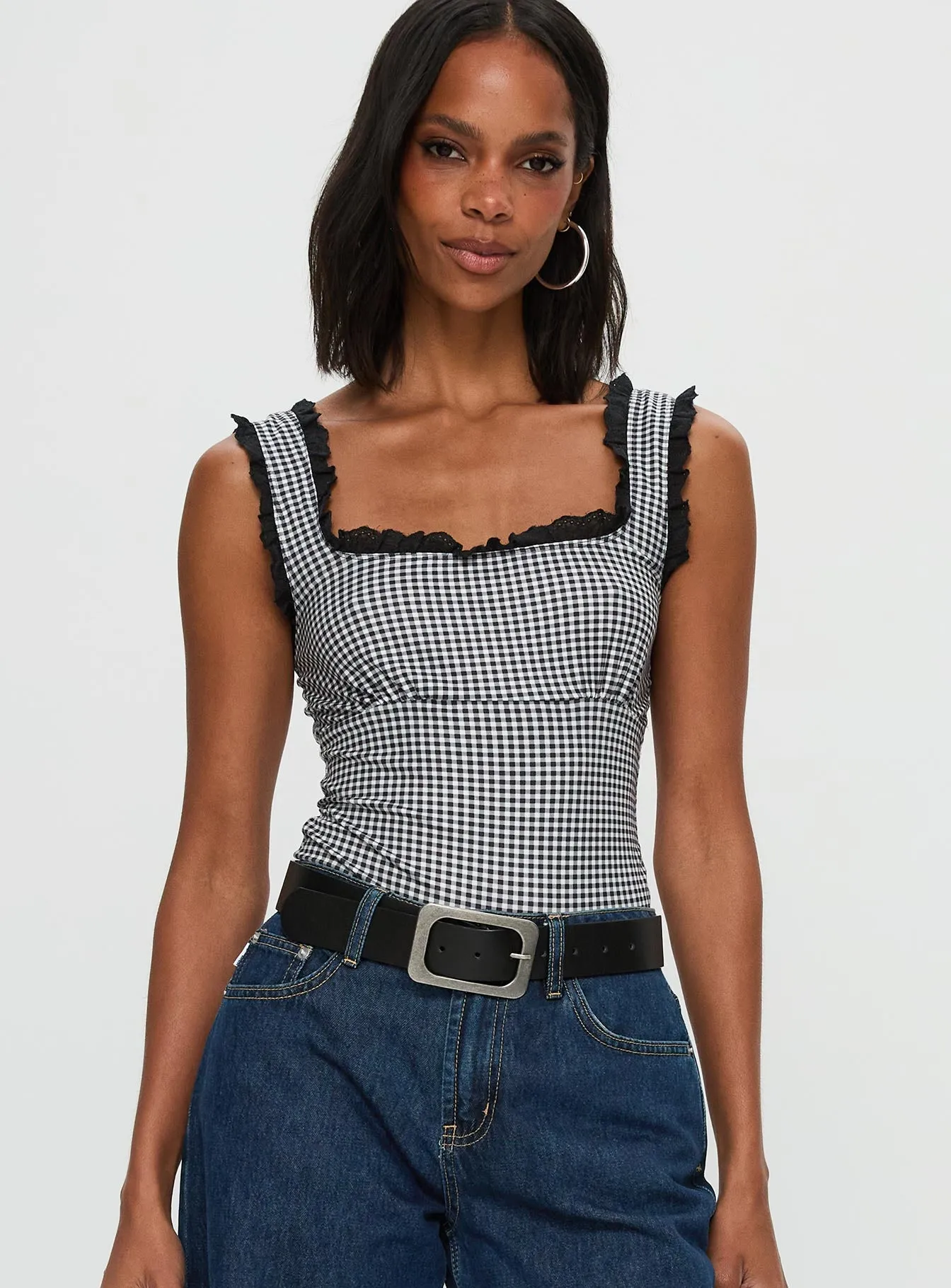 Trustfund Lace Trim Bodysuit Black / White Check sold by Princess Polly